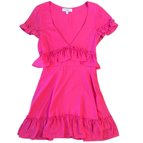 LIKELY Women’s Brason Ruffle Trim Flowy V Neck Cap Sleeve Party Dress Pink Sz 6 - Picture 1 of 10